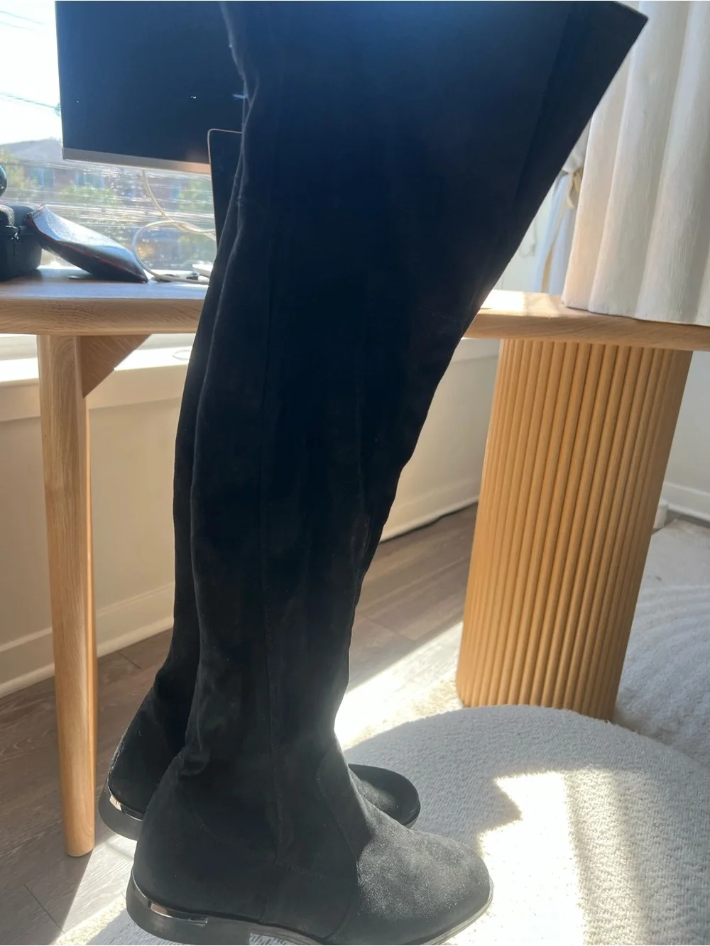 Marc Fisher Black Over-the-Knee Stretch Boots with Metallic Heel Accent